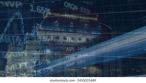 Image of data processing over cityscape. Global business and digital interface concept digitally generated image.