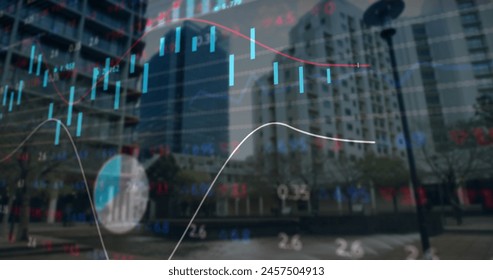 Image of data processing over cityscape. global business, finances, connections and digital interface concept digitally generated image.