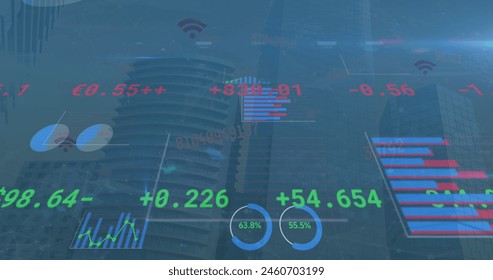Image of data processing over cityscape. global business, finances, connections and digital interface concept digitally generated image.