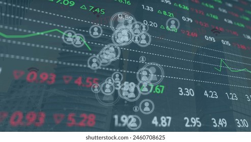 Image of data processing over cityscape. global business, finances, connections and digital interface concept digitally generated image.