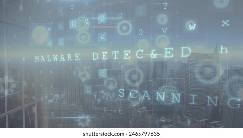 Image of data processing over cityscape. Global science, connections, data processing and digital interface concept digitally generated image.