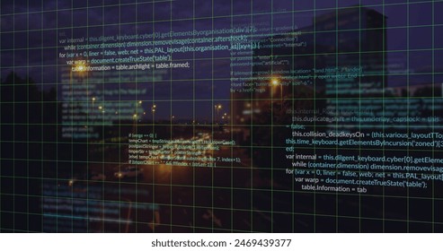 Image of data processing over cityscape. global business and digital interface concept digitally generated image.