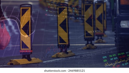Image of data processing over cityscape. global connections, data processing and digital interface concept digitally generated image.