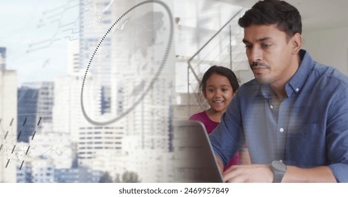 Image of data processing over cityscape and diverse poeple using laptop. Global technology, computing and digital interface concept digitally generated image.