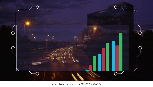Image of data processing over cityscape. Global business and digital interface concept digitally generated image.