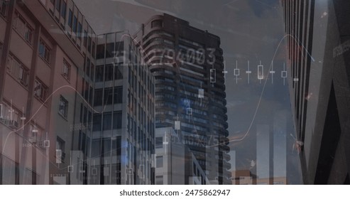 Image of data processing over cityscape. global business and digital interface concept digitally generated image.