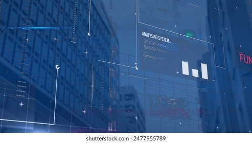 Image of data processing over cityscape. Global business, finances and digital interface concept digitally generated image.