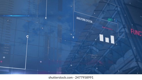 Image of data processing over cityscape. Global business, finances and digital interface concept digitally generated image.