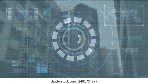 Image of data processing over cityscape. global business and digital interface concept digitally generated image.