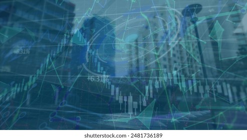 Image of data processing over cityscape. global business and digital interface concept digitally generated image.