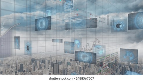 Image of data processing over cityscape. Global technology, computing and digital interface concept digitally generated image.
