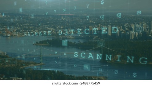 Image of data processing over cityscape. global business and digital interface concept digitally generated image.