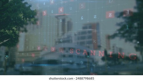 Image of data processing over cityscape. global business and digital interface concept digitally generated image.