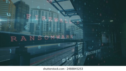 Image of data processing over cityscape. global business and digital interface concept digitally generated image.