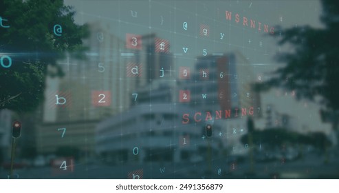 Image of data processing over cityscape. global business and digital interface concept digitally generated image.
