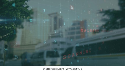 Image of data processing over cityscape. global business and digital interface concept digitally generated image.