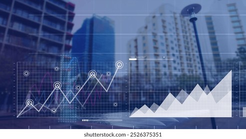 Image of data processing over cityscape. global business and digital interface concept digitally generated image.