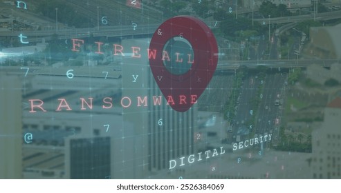 Image of data processing over cityscape. global business and digital interface concept digitally generated image.