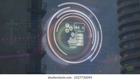 Image of data processing over cityscape. global business and digital interface concept digitally generated image.
