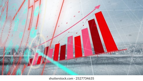 Image of data processing over cityscape. Global business and digital interface concept digitally generated image.
