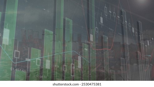Image of data processing over cityscape. Global business, finances, data processing and digital interface concept digitally generated image.