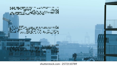 Image of data processing over cityscape. Global finance, business, connections, computing and data processing concept digitally generated image.