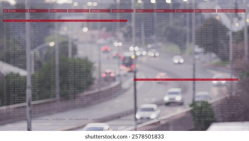 Image of data processing over cityscape. Global technology and digital interface concept digitally generated image.