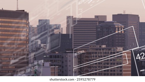 Image of data processing over cityscape. Global business and digital interface concept digitally generated image.