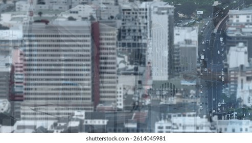 Image of data processing over cityscape. global business and digital interface concept digitally generated image.