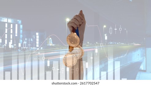 Image of data processing over cityscape and medals. global business, finances, connections and digital interface concept digitally generated image.