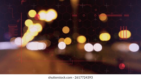 Image of data processing over cityscape. global business, finances, connections and digital interface concept digitally generated image.