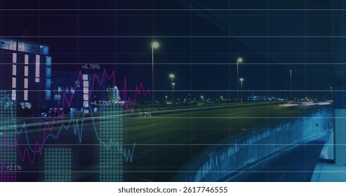 Image of data processing over cityscape. global business and digital interface concept digitally generated image.