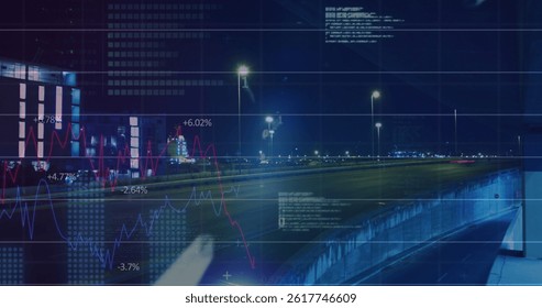 Image of data processing over cityscape. global business and digital interface concept digitally generated image.