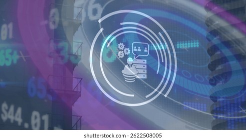 Image of data processing over cityscape. global business and digital interface concept digitally generated image.