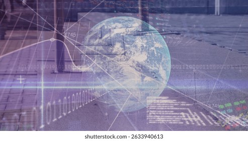 Image of data processing over cityscape. global connections, data processing and digital interface concept digitally generated image.