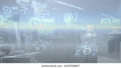 Image of data processing over cityscape. global science, connections, data processing and digital interface concept digitally generated image.