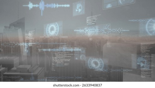 Image of data processing over cityscape. global science, connections, data processing and digital interface concept digitally generated image.