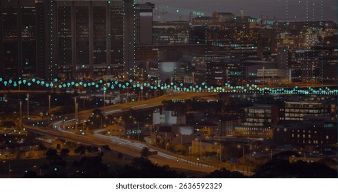Image of data processing over cityscape. Global business and digital interface concept digitally generated image.