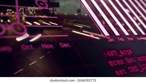 Image of data processing over cityscape. Global connections, data processing and digital interface concept digitally generated image.