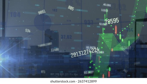 Image of data processing over cityscape. Global science, connections, data processing and digital interface concept digitally generated image.