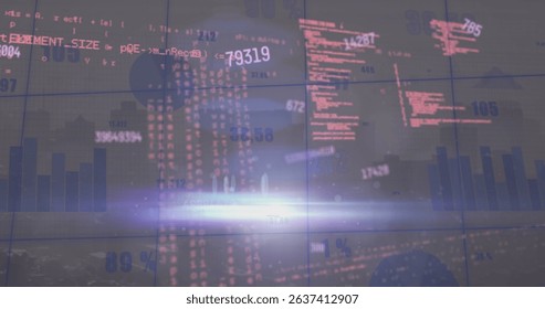 Image of data processing over cityscape. Global science, connections, data processing and digital interface concept digitally generated image.