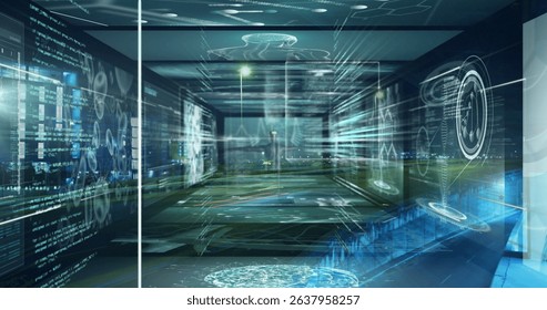 Image of data processing over cityscape. Global technology, computing and digital interface concept digitally generated image.