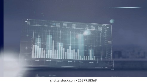 Image of data processing over cityscape. Global technology, computing and digital interface concept digitally generated image.