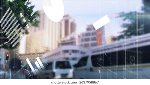 Image of data processing over cityscape. Global technology, computing and digital interface concept digitally generated image.