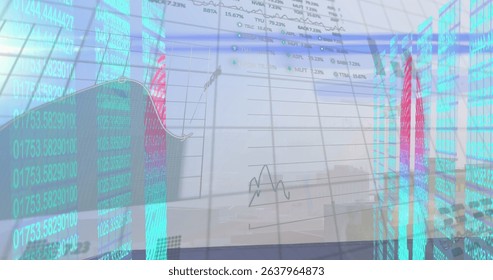 Image of data processing over cityscape. Global technology, computing and digital interface concept digitally generated image.