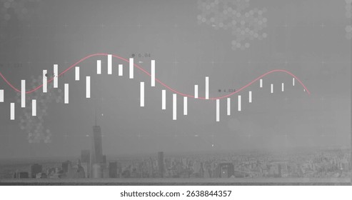 Image of data processing over cityscape. Global business and digital interface concept digitally generated image.