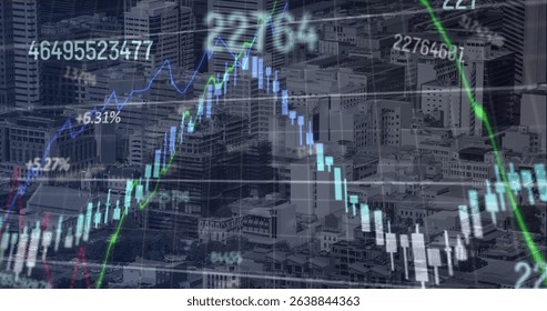 Image of data processing over cityscape. Global business and digital interface concept digitally generated image.