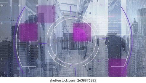 Image of data processing over cityscape and computer servers. Global computing, data processing and networks concept digitally generated image.