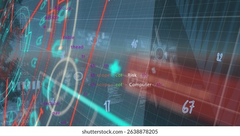 Image of data processing over cityscape. Global business and digital interface concept digitally generated image.