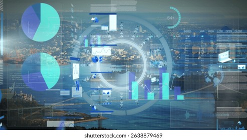 Image of data processing over cityscape. Global business and digital interface concept digitally generated image.